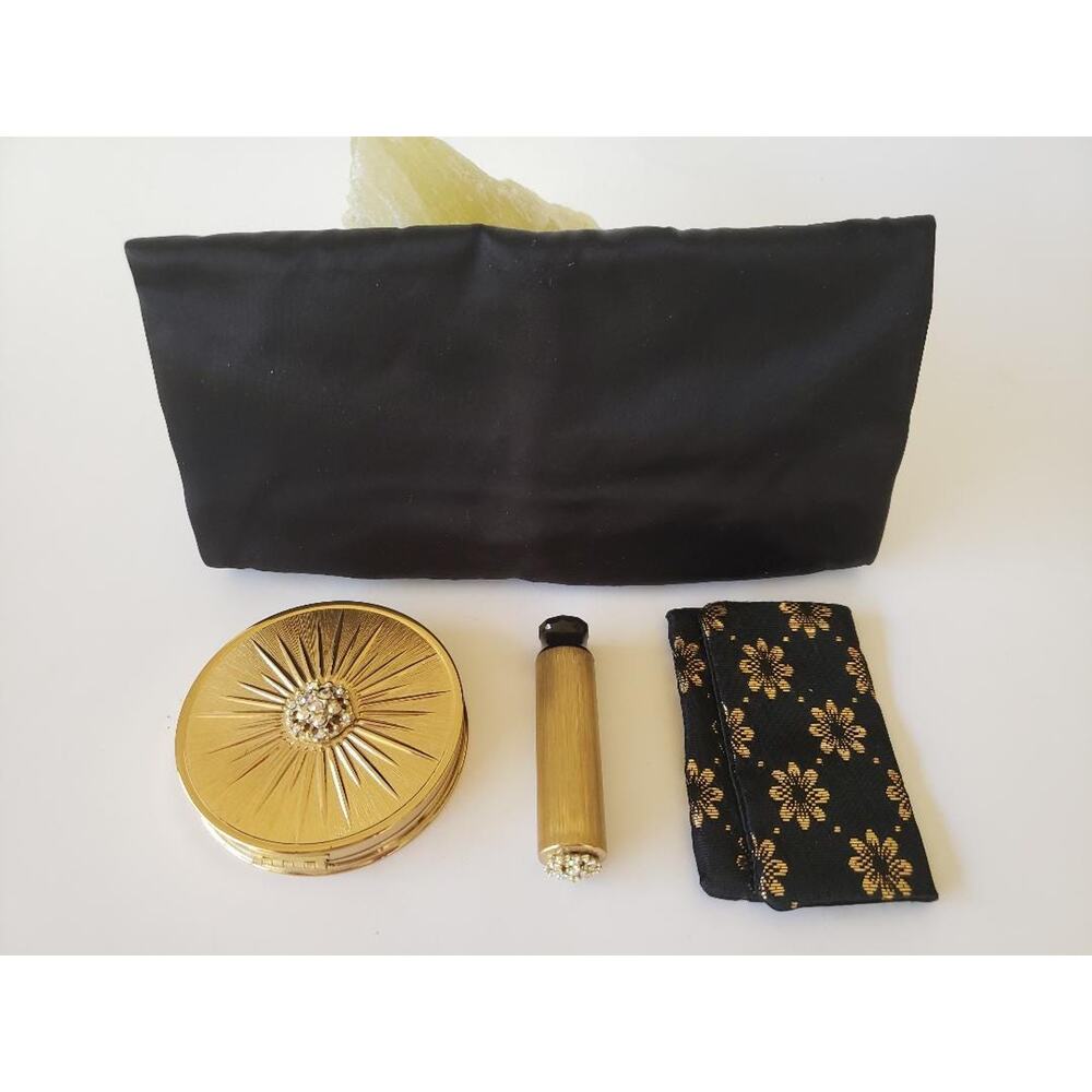 Vintage 60s Max Factor Rhinestone Compact and LIpstick Set Satin Evening Purse
